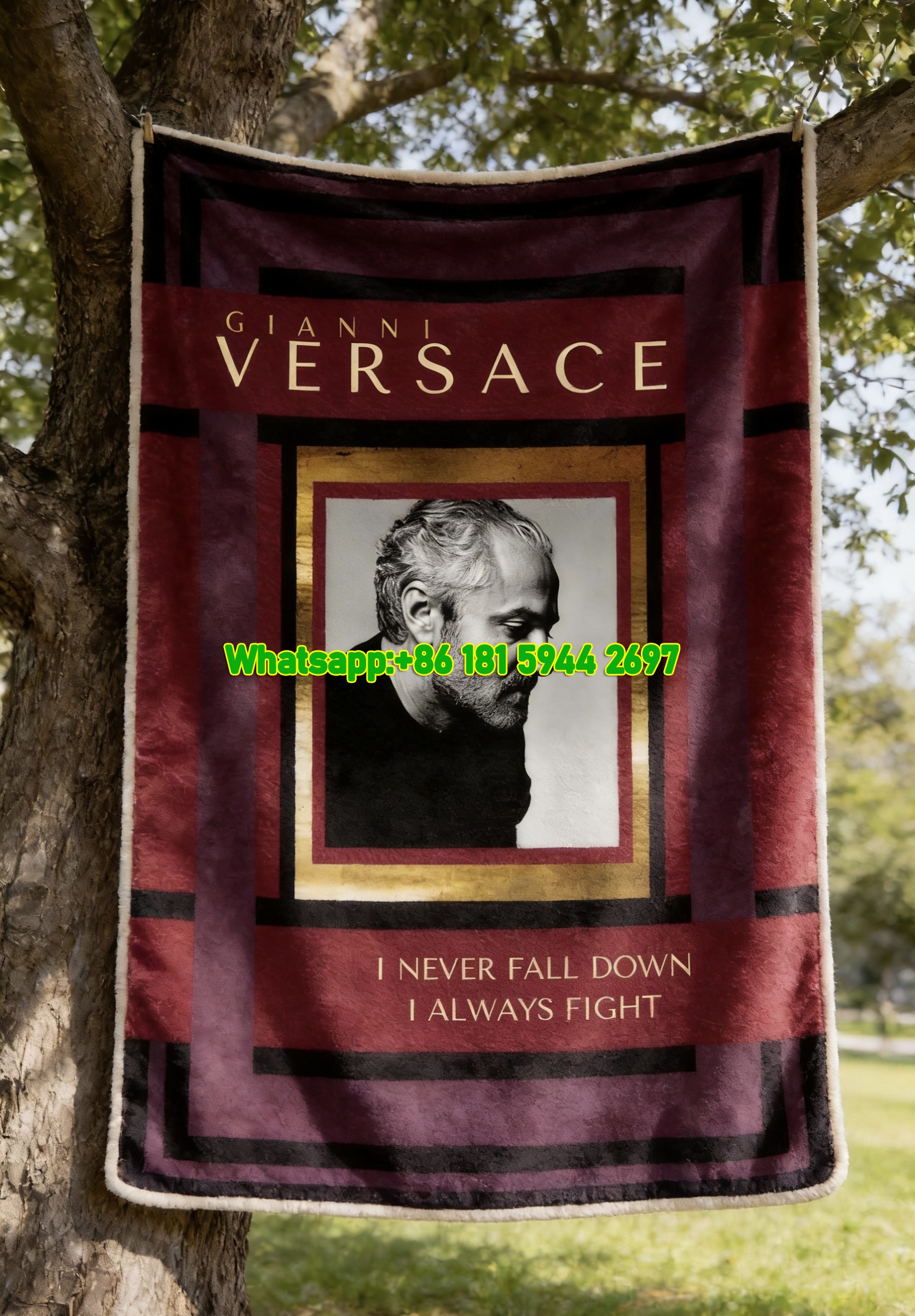 Gianni Versace I Never Fall Down I Always Fight Quote Print Flannel Throw Blanket in Burgundy Gold and Black IMG_1581